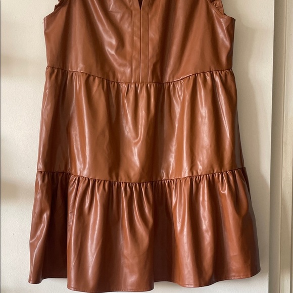 Camel Brown Vegan Leather Ruffle Sleeve Dress-Large - Picture 3 of 11